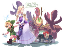 Rule 34 | 1girl, 2boys, ario, blonde hair, blood, blue eyes, boots, bottle, dress, earrings, elbow gloves, fairy, games done quick, ganondorf, gloves, gohma, hat, holding hands, jewelry, link, long hair, multiple boys, navi, nintendo, open mouth, pincers, pointy ears, princess zelda, surprised, sweatdrop, the legend of zelda, the legend of zelda: ocarina of time, time paradox, white gloves, x x, young link