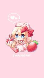 Rule 34 | + +, 1girl, absurdres, berry, blonde hair, blue eyes, blush, bow, bowtie, capelet, cream, dress, english text, eyes visible through hair, fairy wings, food, fruit, hair between eyes, hair bow, hands up, hat, heart, heart print, highres, lily white, long hair, long sleeves, looking to the side, open mouth, pink background, pink capelet, pink dress, pink hat, pudding (skymint 028), red bow, red bowtie, simple background, sitting, solo, star (symbol), strawberry, sweets, touhou, wide sleeves, wings