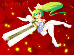 Rule 34 | 1girl, :d, alternate costume, bare shoulders, blue eyes, boots, bow, cross, crossover, daiyousei, dress, green hair, gun, hair bow, huge weapon, kuresento, long hair, open mouth, parody, pointing, short dress, side ponytail, smile, solo, strapless, strapless dress, thigh boots, thighhighs, touhou, trigun, weapon, wings