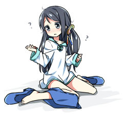 Rule 34 | 1girl, ?, age regression, aged down, barefoot, black hair, blue footwear, blue skirt, blush, collarbone, commentary request, full body, hair ornament, hatsunatsu, head tilt, high heels, krt girls, long hair, long sleeves, looking to the side, off shoulder, original, oversized clothes, parted lips, pencil skirt, shirt, shoes, unworn shoes, simple background, sitting, skirt, skirt around one leg, sleeves past wrists, solo, wariza, white background, white shirt, xiao qiong
