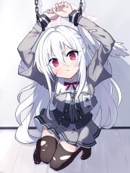 Rule 34 | 1girl, arms up, black thighhighs, blood, blood on face, blue archive, blush, bound, bound wrists, chain, closed mouth, commission, cuffs, grey jacket, grey skirt, hair between eyes, head wings, id card, jacket, long hair, long sleeves, looking at viewer, red eyes, school uniform, shigatsu shizuki, single head wing, skeb commission, skirt, solo, suzumi (blue archive), sweat, thighhighs, torn clothes, torn thighhighs, very long hair, white hair, wings