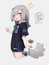 Rule 34 | 1girl, animal ears, black shirt, blue shorts, breasts, brown eyes, clenched teeth, collarbone, commentary request, cropped legs, grey background, grey hair, hair between eyes, highres, komainu, kuro kosyou, long hair, looking at viewer, off shoulder, orb, original, shirt, short eyebrows, short shorts, short sleeves, shorts, simple background, small breasts, solo, tail, teeth, thick eyebrows
