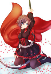 Rule 34 | 1girl, absurdres, arm up, boots, bullet, cape, corset, cross, highres, iori1112, kneeling, pantyhose, petals, ruby rose, rwby, scythe, short hair, solo, weapon
