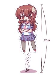 Rule 34 | 1girl, absurdres, ahoge, blue shirt, blush, brown eyes, brown hair, chibi, crossed arms, curled horns, demon girl, demon horns, demon tail, fang, full body, height, height conscious, highres, horns, loafers, long hair, looking at viewer, machikado mazoku, measuring, miniskirt, open mouth, pantyhose, pleated skirt, school uniform, sg need, shirt, shoes, short sleeves, simple background, skin fang, skirt, solo, tail, tail stand, white background, yoshida yuuko (machikado mazoku)