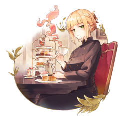 Rule 34 | 1girl, blonde hair, breasts, cake, chair, cup, expressionless, folded ponytail, food, fruit, green eyes, half-closed eyes, hisona (suaritesumi), holding, holding cup, looking at viewer, medium breasts, original, short hair, sidelocks, simple background, sitting, smoke, solo, strawberry, strawberry shortcake, teacup, tiered tray, uniform, white background
