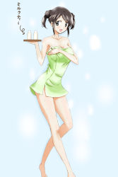 Rule 34 | 1girl, :d, alternate hairstyle, bare shoulders, barefoot, black eyes, black hair, blush, bottle, breast hold, breasts, cleavage, collarbone, double bun, female focus, green background, green towel, happy, highres, holding, holding tray, kinfuji, large breasts, looking at viewer, milk bottle, naked towel, neck, open mouth, original, short hair, simple background, smile, solo, standing, touge chayako, towel, tray, twintails