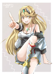 Rule 34 | blonde hair, breasts, camisole, chest jewel, cosplay, highres, jacket, large breasts, long hair, mio (xenoblade), mio (xenoblade) (cosplay), mythra (xenoblade), shoulder strap, sofusan1526, swept bangs, tank top, very long hair, white camisole, white jacket, white tank top, xenoblade chronicles (series), xenoblade chronicles 2, xenoblade chronicles 3, yellow eyes