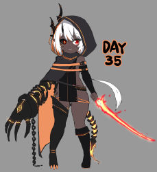 Rule 34 | 1girl, absurdres, bailingxiao jiu, black cloak, black footwear, black sclera, boots, claw (weapon), clenched teeth, cloak, colored sclera, dark-skinned female, dark skin, fiery tail, flaming sword, flaming weapon, full body, grey background, groin, hair between eyes, highres, holding, holding sword, holding weapon, hood, hood up, hooded cloak, horns, knee boots, mismatched sclera, multicolored hair, orange hair, original, parted lips, pelvic curtain, pointy ears, red eyes, simple background, single knee boot, solo, standing, streaked hair, sword, tail, teeth, v-shaped eyebrows, weapon, white hair