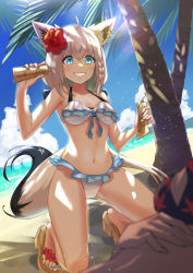 Rule 34 | 2girls, ahoge, animal ears, beach, bikini, black bikini, black bow, blue nails, blurry, blurry foreground, bob-the-bison, bow, braid, breasts, cleavage, cloud, cloudy sky, commentary request, day, earrings, flower, fox ears, fox girl, fox tail, frilled bikini, frills, green eyes, grin, hair between eyes, hair bow, hair flower, hair ornament, hand on own stomach, highres, holding, hololive, jewelry, kneeling, light particles, long hair, lotion, medium breasts, multiple girls, nail polish, navel, ocean, ookami mio, out of frame, palm tree, pentagram, sandals, shirakami fubuki, sidelocks, single braid, sky, small breasts, smile, sunscreen, swimsuit, tail, tree, virtual youtuber, white bikini, white hair