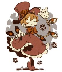 Rule 34 | 1girl, bow, curtsey, dress, closed eyes, flower, frilled dress, frills, gloves, grey background, hat, orange hair, peacock (skullgirls), pinky out, short hair, skullgirls, solo, top hat, white background, yamada9000