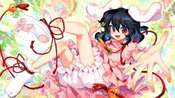Rule 34 | 1girl, :d, animal ears, black hair, bloomers, blush, carrot necklace, commentary request, dress, floppy ears, full body, highres, ifelt (tamaki zutama), inaba tewi, jewelry, long sleeves, money gesture, necklace, open mouth, outstretched arm, paw print soles, puffy short sleeves, puffy sleeves, rabbit ears, red eyes, red rope, ribbon-trimmed dress, rope, shiny skin, short hair, short sleeves, smile, socks, solo, sparkle, touhou, underwear, white socks