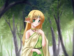 Rule 34 | 1girl, bare shoulders, blonde hair, elf, forest, game cg, green eyes, kannatsuki noboru, long hair, maou to odore!, nature, pointy ears, solo, source request