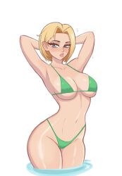 Rule 34 | 1girl, armpits, arms behind head, bikini, blonde hair, blue eyes, breasts, cammy white, green bikini, highres, large breasts, lips, looking at viewer, mikopixy, partially submerged, scar, scar on face, short hair, simple background, solo, street fighter, street fighter 6, swimsuit, wide hips