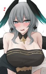 Rule 34 | 1girl, arknights, bare shoulders, black dress, breasts, cleavage, commentary, dress, grey eyes, grey hair, head wings, heart, highres, ho&#039;olheyak (arknights), ho&#039;olheyak (carriage of the winds of time) (arknights), looking at viewer, namikare, simple background, solo, strapless, strapless dress, symbol-only commentary, tongue, tongue out, upper body, white background, wings