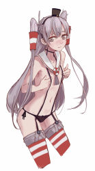Rule 34 | 10s, 1girl, amatsukaze (kancolle), black panties, blush, bow, bow panties, covering nipples, covering privates, grey eyes, grey hair, hat, hfpuff5ekubiao, hfp~kubiao, highres, kantai collection, looking at viewer, navel, panties, red thighhighs, sailor collar, side-tie panties, simple background, solo, suspenders, thighhighs, twintails, two side up, underwear, underwear only, white background