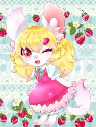 Rule 34 | 1girl, aije, blonde hair, dress, female focus, flower, full body, furry, furry female, highres, long hair, mouse (animal), one eye closed, open mouth, plant, red eyes, solo
