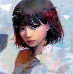 Rule 34 | 1girl, absurdres, blunt bangs, blurry, blurry background, bob cut, brown eyes, closed mouth, collared shirt, expressionless, highres, lips, looking at viewer, original, paper airplane, pink lips, portrait, realistic, scan, shirt, short hair, solo, upper body, wataboku, white shirt, wing collar