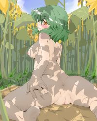 Rule 34 | 1girl, anus, ass, ass grab, back, barefoot, blush, breasts, come hither, day, fat mons, female focus, flower, grabbing own ass, grass, green hair, highres, kazami yuuka, large breasts, looking back, nature, naughty face, nipples, nude, orange eyes, outdoors, presenting, pussy, shadow, short hair, slit pupils, solo, split, spread ass, spread legs, sunflower, touhou, uncensored, when you see it, wriggle nightbug, yunari