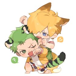 Rule 34 | !, !!, 2boys, ?, alternate costume, animal ears, blonde hair, blue eyes, brown shorts, cat boy, cat ears, cat tail, chibi, chibi only, curly eyebrows, earrings, green eyes, green hair, green pants, hair over one eye, highres, jacket, jewelry, multicolored clothes, multicolored shorts, multiple boys, one eye closed, one piece, open clothes, open jacket, open mouth, pants, roronoa zoro, sanji (one piece), scar, scar across eye, shirt, short hair, short sleeves, shorts, simple background, speech bubble, tail, tiger boy, tiger ears, tiger tail, white background, white shirt, white shorts, xuchuan, yellow jacket, yellow shorts