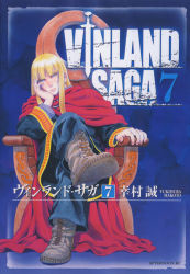 Rule 34 | 1boy, androgynous, blonde hair, canute, highres, looking at viewer, male focus, official art, sitting, solo, throne, vinland saga, volume cover