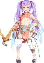 Rule 34 | 1girl, arrow (projectile), blush, bowgun, breasts, broken, broken weapon, emerane, flat chest, full body, holding, holding weapon, long hair, looking at viewer, oshiro project:re, oshiro project:re, purple hair, quiver, smile, solo, taga (oshiro project), tearing up, thighhighs, torn clothes, torn thighhighs, transparent background, twintails, underboob, very long hair, weapon, yellow eyes