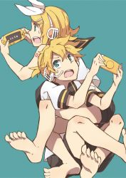 Rule 34 | 1boy, 1girl, bad id, bad pixiv id, barefoot, belt, blonde hair, blue eyes, bow, brother and sister, english text, game console, hair bow, hair ornament, hairclip, headphones, highres, kagamine len, kagamine rin, kagehino akari, open mouth, playing games, sailor collar, screen, shiny skin, short hair, shorts, siblings, simple background, sitting, sitting on person, sweat, tattoo, text focus, twins, vocaloid