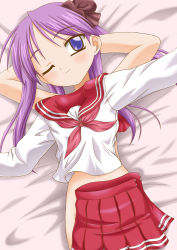 Rule 34 | 00s, 1girl, absurdres, blue eyes, clothes in front, covering privates, highres, hiiragi kagami, kikusui napo, long hair, lucky star, one eye closed, purple hair, school uniform, serafuku, solo, twintails, wink