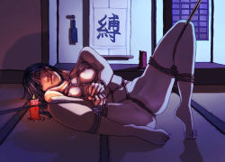 Rule 34 | 1girl, artist request, bdsm, bondage, bound, breasts, candle, feet, female focus, kanji, looking at viewer, night, nipples, nude, partially visible vulva, purple hair, restrained, rope, shibari, solo, spread legs, tatami, thighs, translated
