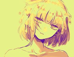 Rule 34 | alternate color, annoyed, bare shoulders, bob cut, collarbone, food, food on head, head tilt, highres, kimi ga shine, maple (kimi ga shine), object on head, open mouth, orange theme, pancake, portrait, short hair, simple background, solo, syrup, uououoon, upper body, yellow background, yellow theme