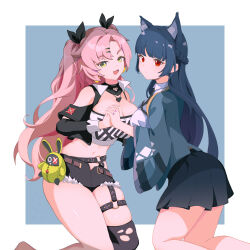 Rule 34 | 2girls, :d, absurdres, animal ear fluff, animal ears, bangboo (zenless zone zero), bare shoulders, black ribbon, black shorts, black skirt, black thighhighs, blue background, blue hair, blue jacket, blunt bangs, border, braid, breasts, cleavage, clothing cutout, commentary request, crop top, cutoffs, french braid, green eyes, grey border, hair ornament, hair ribbon, hairclip, highres, hoshimi miyabi, jacket, kneeling, kuangkuangti, large breasts, long hair, long sleeves, looking at viewer, midriff, miniskirt, multiple girls, nail polish, navel, nicole demara, open mouth, outside border, pink hair, pleated skirt, red eyes, ribbon, short shorts, shorts, shoulder cutout, simple background, single thighhigh, skindentation, skirt, smile, stomach, strapless, thighhighs, thighs, tube top, two side up, very long hair, zenless zone zero