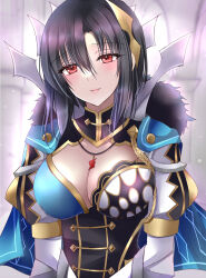 Rule 34 | 1girl, black hair, blue cape, blush, breasts, cape, cleavage, closed mouth, commentary request, fire emblem, fire emblem engage, fur-trimmed cape, fur trim, hair ornament, highres, jewelry, kirishima riona, large breasts, lips, looking at viewer, necklace, nel (fire emblem), nintendo, pink lips, red eyes, short hair, smile, solo