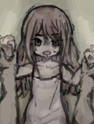 1girl against_wall blood blood_from_mouth blood_on_face brown_hair dress empty_eyes green_eyes hand_on_another&#039;s_arm long_hair lower_teeth_only mydnam.art pov pov_hands sweat sweatdrop teeth white_dress