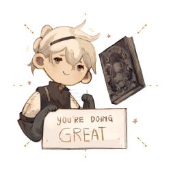 Rule 34 | 1boy, black gloves, blue eyes, book, closed mouth, elbow gloves, english text, floating, floating book, floating object, gloves, grey background, grey hair, grimoire weiss, hair between eyes, highres, jy00ae, male focus, nier (series), nier (brother), sign, simple background, smile, solo, twitter username