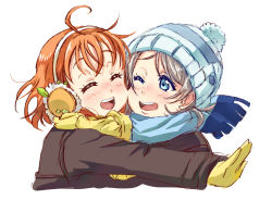 Rule 34 | 2girls, ;d, ^ ^, ahoge, beanie, blue eyes, blue hat, blue scarf, cheek-to-cheek, closed eyes, coat, earmuffs, gloves, grey hair, hat, heads together, highres, hug, love live!, love live! sunshine!!, multiple girls, one eye closed, open mouth, orange hair, pom pom (clothes), rippe, scarf, short hair, simple background, smile, takami chika, upper body, watanabe you, white background, winter clothes, yellow gloves, yellow scarf