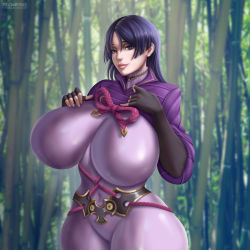 Rule 34 | 1girl, blush, bodysuit, breasts, closed mouth, curvy, elbow gloves, fate/grand order, fate (series), flowerxl, forest, gloves, hand on own chest, hime cut, huge breasts, lips, long hair, looking at viewer, minamoto no raikou (fate), nature, purple bodysuit, purple eyes, purple hair, ribbon, rope, shiny clothes, smile, tight clothes, tree