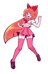 Rule 34 | 1girl, aged up, ascot, blossom (ppg), bow, clenched hands, commentary, english commentary, full body, grizz, hair bow, highres, long hair, looking at viewer, midriff peek, orange hair, pink eyes, pink skirt, pink thighhighs, pleated skirt, ponytail, powerpuff girls, red ascot, red bow, sailor collar, sailor shirt, school uniform, serafuku, shirt, short sleeves, skirt, solo, thighhighs, very long hair, white background