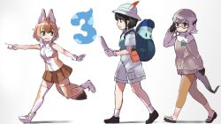 Rule 34 | 1other, 2girls, :d, adjusting eyewear, androgynous, animal ears, backpack, bag, black footwear, black gloves, black hair, blouse, boots, brown eyes, brown hair, brown skirt, capri pants, captain (kemono friends), captain (kemono friends 3), dhole (kemono friends), dog ears, dog tail, glasses, gloves, grey hair, hair between eyes, hat, hat feather, highres, in bag, in container, kemono friends, kemono friends 3, light brown hair, logo, long sleeves, looking at another, lucky beast (kemono friends), meerkat (kemono friends), meerkat ears, meerkat tail, multicolored hair, multiple girls, open mouth, outstretched arm, pants, pleated skirt, pointing, pointing forward, profile, running, shirt, shoes, short sleeves, shorts, simple background, skirt, sleeveless, sleeveless shirt, smile, tadano magu, tail, thighhighs, walking, white background, white footwear, white gloves, white shorts, yellow eyes