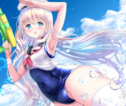 Rule 34 | 1girl, armpits, bad id, bad pixiv id, blonde hair, blue eyes, blue sailor collar, breasts, cloud, crop top, day, hat, holding, long hair, looking at viewer, md5 mismatch, neckerchief, old school swimsuit, one-piece swimsuit, open mouth, original, peaked cap, ponytail korosuke, red neckerchief, revision, sailor collar, salute, school swimsuit, shiny clothes, solo, super soaker, swimsuit, swimsuit under clothes, thighhighs, water, water gun, white hat, white thighhighs