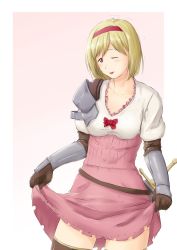 Rule 34 | 10s, 1girl, armor, blonde hair, bow, clothes lift, djeeta (granblue fantasy), fighter (granblue fantasy), gloves, granblue fantasy, hairband, highres, niwatazumi, one eye closed, pink skirt, short hair, shoulder armor, skirt, skirt lift, solo, sword, thighhighs, tongue, tongue out, vambraces, weapon