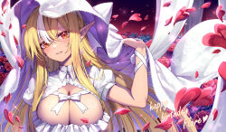 Rule 34 | 1girl, blonde hair, bow, breasts, cleavage cutout, clothing cutout, collared dress, curry bowl, dress, earrings, elf, flower, flower earrings, frilled dress, frills, happy birthday, heart, highres, hololive, jewelry, lace-trimmed veil, lace trim, large breasts, long hair, looking at viewer, multicolored hair, parted lips, pointy ears, puffy short sleeves, puffy sleeves, red eyes, red flower, red rose, rose, shiranui flare, short sleeves, solo, streaked hair, veil, very long hair, virtual youtuber, white bow, white dress, white hair