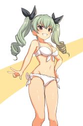 Rule 34 | 10s, 1girl, anchovy (girls und panzer), bikini, breasts, brown eyes, cleavage, cowboy shot, drill hair, from below, front-tie top, girls und panzer, green hair, groin, hand on own hip, icomochi, long hair, looking at viewer, lowleg, lowleg bikini, navel, side-tie bikini bottom, solo, standing, swimsuit, twin drills, twintails, v, white bikini