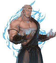 Rule 34 | 1boy, abs, arm hair, bara, bare pectorals, beard, blonde hair, blue eyes, blue fire, check copyright, chest hair, copyright request, dopey (dopq), facial hair, feet out of frame, fire, glowing, glowing eyes, hadanugi dousa, highres, japanese clothes, kimono, large pectorals, male focus, mature male, medium hair, muscular, muscular male, mustache, nipples, open clothes, open kimono, original, pectorals, pelvic curtain, single bare shoulder, solo, stomach, thick eyebrows