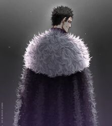Rule 34 | 1boy, black clover, black fur, black hair, cape, closed mouth, evil smile, facial mark, forehead mark, fur cape, highres, looking at viewer, looking back, lucius zogratis, male focus, red eyes, short hair, smile, solo, twitter username, victor drawnz, white fur
