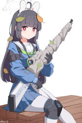 Rule 34 | 1girl, ahoge, animal ears, artist name, black gloves, black hair, blue archive, blue serafuku, blunt bangs, bolt action, bright pupils, closed mouth, commentary, fake animal ears, gloves, green neckerchief, gun, halo, highres, holding, holding gun, holding weapon, knee pads, leaf, leaf on head, long hair, long sleeves, looking at viewer, miyu (blue archive), mosin-nagant, neckerchief, pantyhose, pleated skirt, red eyes, reia 76, rifle, school uniform, scope, serafuku, sidelocks, simple background, sitting, skirt, sniper rifle, solo, twitter username, weapon, white background, white pantyhose