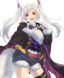 Rule 34 | 1girl, absurdres, animal ears, animal hands, belt, fire emblem, fire emblem awakening, fire emblem heroes, fur trim, gloves, grima (fire emblem), halloween costume, highres, long sleeves, moja (rainpoow), nintendo, official alternate costume, open mouth, paw gloves, red eyes, robin (female) (fire emblem), robin (fire emblem), shorts, simple background, solo, tail, thigh strap, twintails, white background, white hair, wolf ears, wolf tail