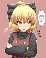 Rule 34 | 1girl, blonde hair, bow, brown dress, brown eyes, commentary request, crossed arms, dress, fusu (a95101221), hair bow, hair ribbon, hard-translated, highres, kurodani yamame, long sleeves, looking to the side, ribbon, short hair, solo, third-party edit, touhou, translated