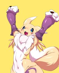 Rule 34 | 1girl, :3, absurdres, animal ears, armpits, arms up, black sclera, blue eyes, blush, clenched hands, colored sclera, detached sleeves, digimon, digimon (creature), digimon tamers, female focus, flat chest, fox tail, furry, furry female, groin, happy, highres, himamushi nyuudou, jpeg artifacts, navel, nose blush, nude, open mouth, out-of-frame censoring, outstretched arms, purple sleeves, renamon, sharp teeth, shiny clothes, shiny skin, simple background, smile, solo, standing, stomach, tail, teeth, upper body, wide hips, yellow background