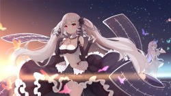 Rule 34 | 2girls, ahoge, azur lane, between breasts, black dress, black gloves, black nails, black ribbon, breasts, bridal gauntlets, bug, butterfly, cleavage, closed mouth, commentary, detached collar, hugging doll, dress, elbow gloves, formidable (azur lane), frilled dress, frills, gloves, gothic lolita, gradient background, hands up, highres, holding, holding stuffed toy, insect, large breasts, light purple hair, light smile, lolita fashion, long hair, looking at viewer, looking away, medium breasts, multiple girls, nail polish, necktie, necktie between breasts, hugging object, pantyhose, parted lips, platinum blonde hair, purple eyes, red eyes, ribbon, shimutsuki, silver hair, standing, stuffed animal, stuffed toy, stuffed unicorn, stuffed winged unicorn, twintails, two-tone dress, two-tone ribbon, unicorn (azur lane), very long hair, white dress, white gloves, white legwear, white necktie