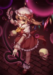Rule 34 | 1girl, ankle cuffs, arm up, ascot, aura, bad hands, blonde hair, brick, artistic error, fang, female focus, flandre scarlet, from above, gradient background, hat, hat ribbon, highres, kaka cheung, laevatein, light particles, looking at viewer, mob cap, no socks, open mouth, red eyes, ribbon, short sleeves, side ponytail, simple background, skirt, skirt set, skull, solo, touhou, wings, wrist cuffs