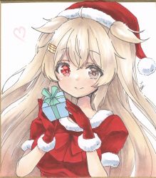 Rule 34 | 1girl, box, capelet, christmas, commentary request, dress, fur-trimmed capelet, fur-trimmed dress, fur-trimmed headwear, fur trim, gift, gift box, gloves, gradient hair, hair flaps, hat, heterochromia, highres, kantai collection, light brown hair, long hair, looking at viewer, marker (medium), multicolored hair, murasame (kancolle), murasame kai ni (kancolle), red capelet, red eyes, red gloves, red headwear, santa costume, santa hat, smile, traditional media, two side up, yuuki chima